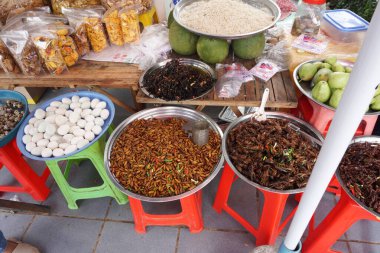 Kompong Thom, Kamboçya - 5 Kasım 2025 - 6 no 'lu Ulusal Yol' un oradaki bir dinlenme yerinde pişmiş ipek solucanı ve soğanlı çekirge, yumurta ve egzotik taze ve kuru meyveler satan açık hava pazarı standı