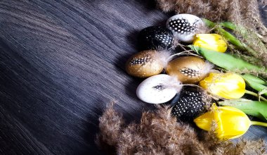 Boş arkaplanı olan karanlık bir arkaplanda paskalya kompozisyonu