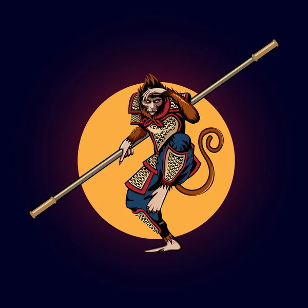 Monkey King Vektor Illustration Hält Seinen Magischen Stab Ikonischer Pose — Stockvektor