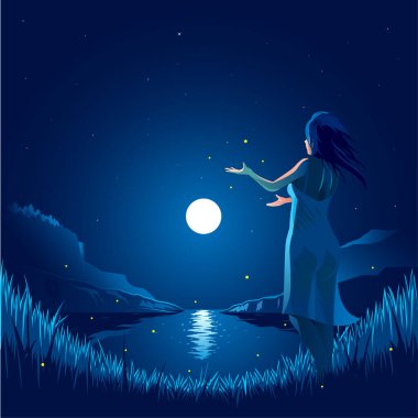 Gece Bayview 'da eğlenirken ateşböcekleriyle oynayan genç bir kız. Çoklu katmanlı vektör illüstrasyon arka planı