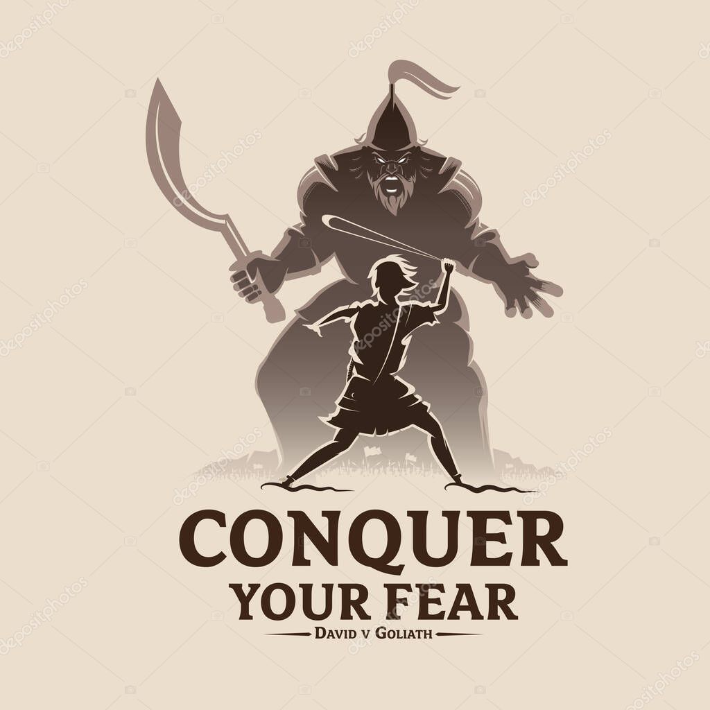 Conquer your fear David and Goliath vector illustrationfor t-shirt design, poster, banner or any other purpose.