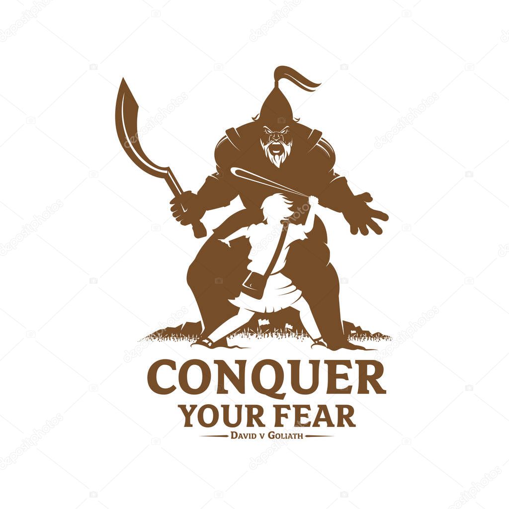Conquer your fear David and Goliath concept vector illustration monochrome versionfor logo t-shirt design or any other purpose