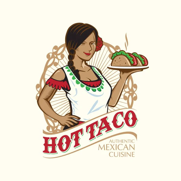 Logotipo Lady Taco Vestido Theme Cusine Mexicano Ion Camadas Separadas —  Vetores de Stock