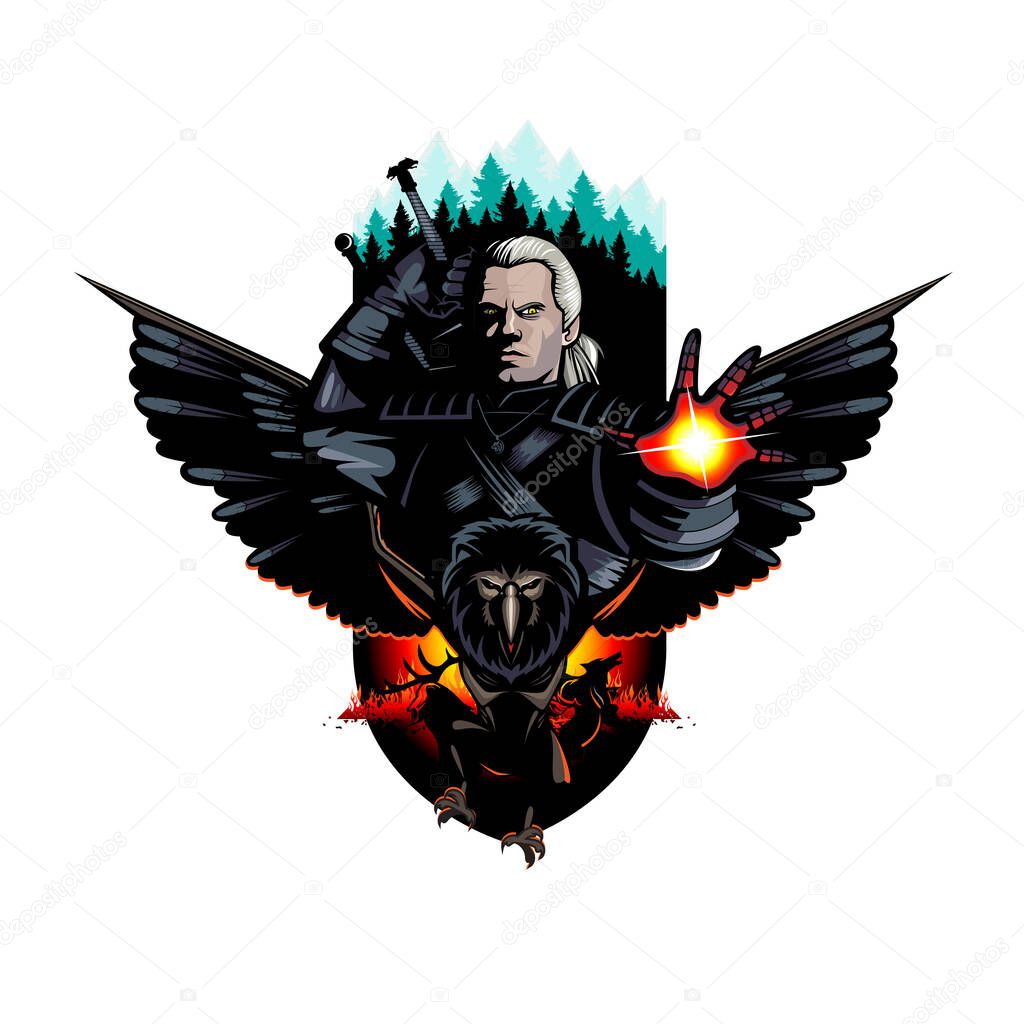 The Witcher warrior  and the Monsters vector editable vector illustration