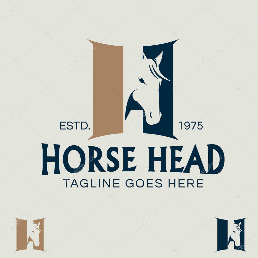 Horse Head letter H symbol in negative space style. like a stable doors in between as the shape of letter H.