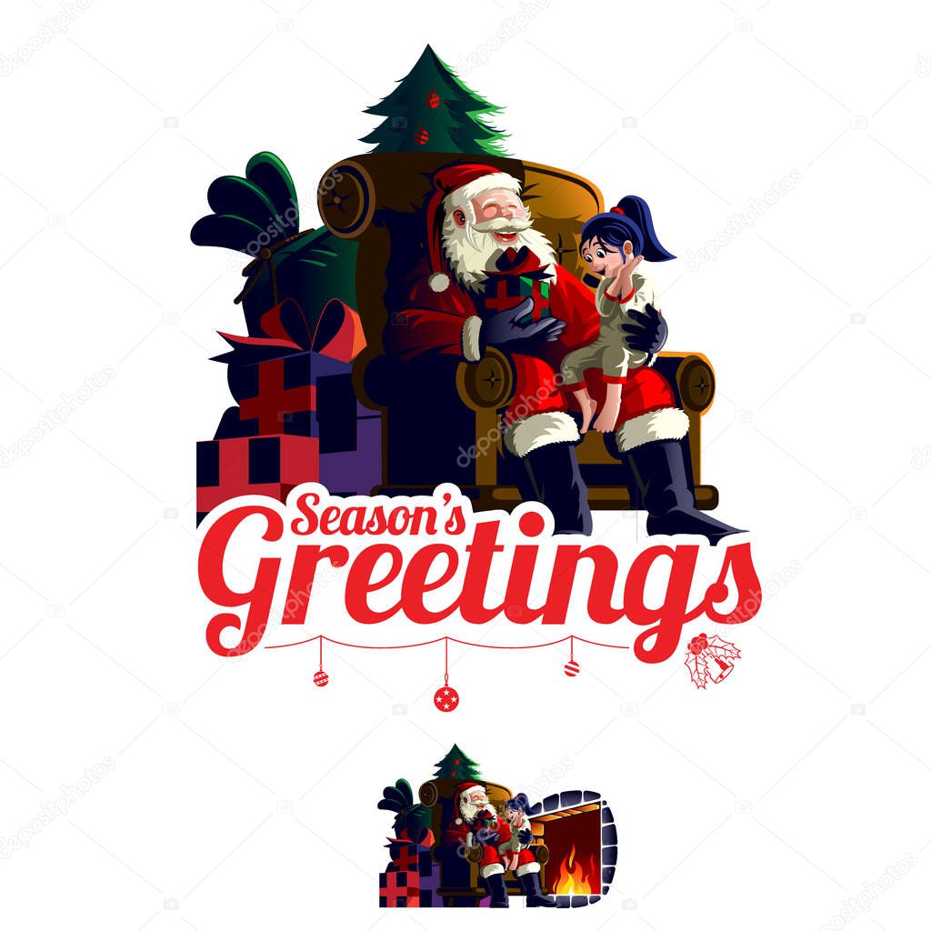 Santa Claus sits on chair giving gift illustration