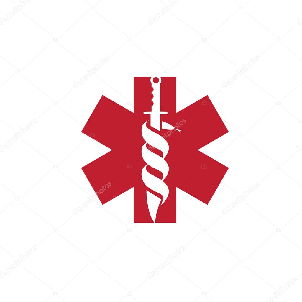 Combat Knife and Snake  negative space style vector illustration. a medical symbol.