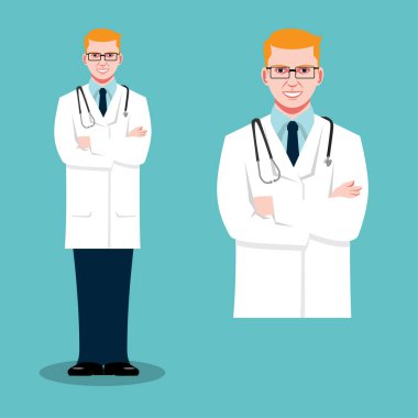 Doktor erkek vektör düz illüstrasyon, bilgi, reklam, afiş ya da başka bir amaç için tam bir figür seti