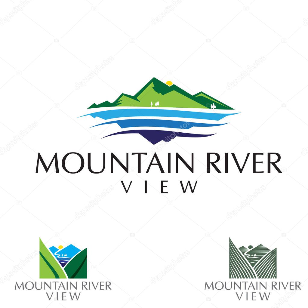 simple modern and premium, Mountain and river view logo set