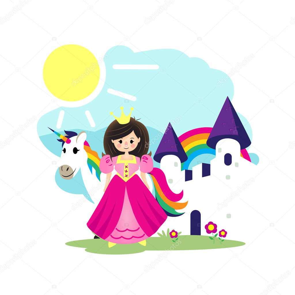 Princess, Unicorn and White Castle flat cartoon vector illustration. for book cover, educational book, design element, or any other purpose.