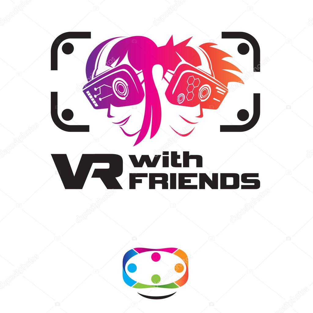 VR video games with friends. logo illustration, vector.