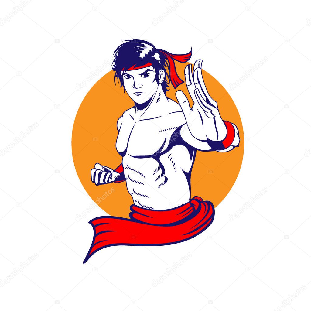 Kung Fu Man mascot symbol vector illustration vintage style for tshirt print, design element, symbol or any other purpose.