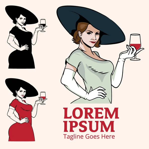 Lady Drinkt Wijn Vector Illustratievoor Merk Poster Design Element Een — Stockvector