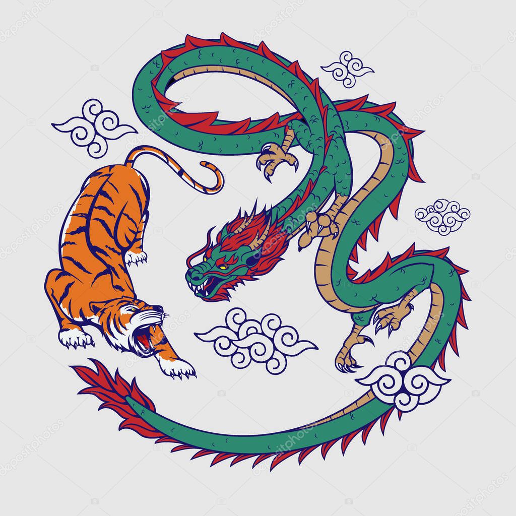 Tiger and Dragon flat color vector  illustrationfor insignia, t-shirt print, design element, or any other purpose.