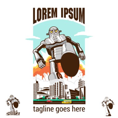 Kötü Robot, poster, tişört baskısı, logo, tasarım unsuru veya başka bir amaç için şehrin varlık retro-stil vektör ilülasyonunu eziyor.
