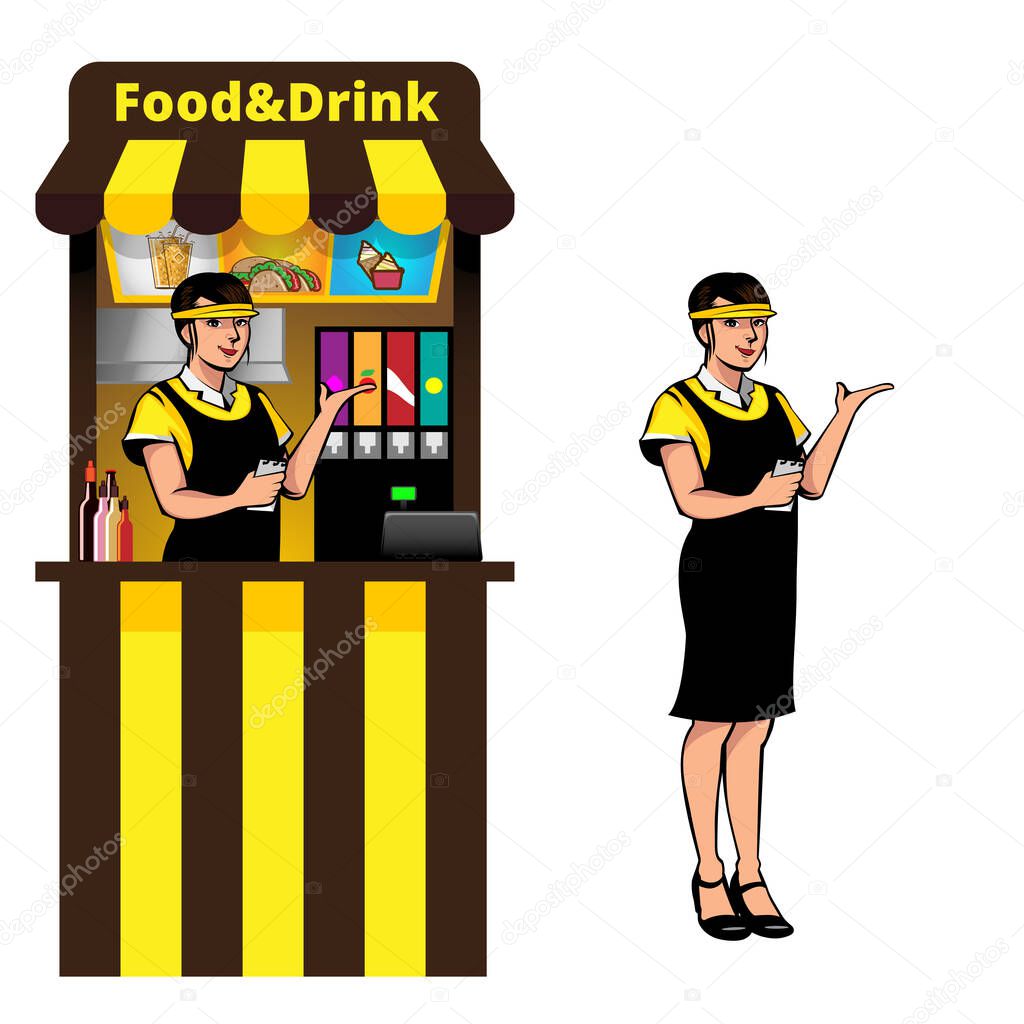 Food Stall and Waitress vector illustration design element, for page, infographic, web banner, or any other purpose.