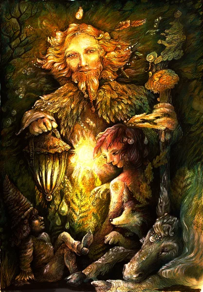 Golden forest fairy guardian met lantaarn, gedetailleerde illustratie — Stockfoto