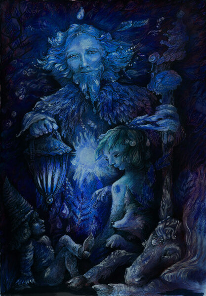 Вудланд квардиан ночью со сказочными существами, иллюстрация
