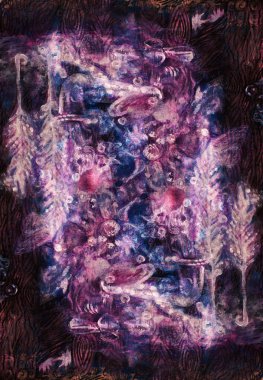 soyut violett backgroung yıldız, tüyler ve gezegen desenleri