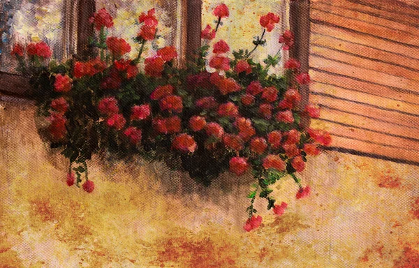 Flor de gerânio vermelho na janela da casa da aldeia, detalhe da pintura — Fotografia de Stock