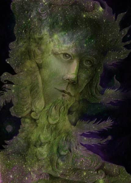 Green nature spirit - the wind prophet with feathers, drawing — Stock Photo, Image