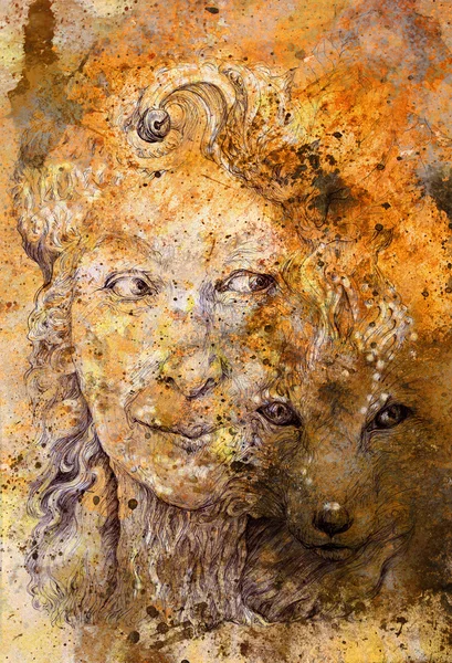 Femme chamanique sage déesse de la forêt avec renard, fond texturé — Photo