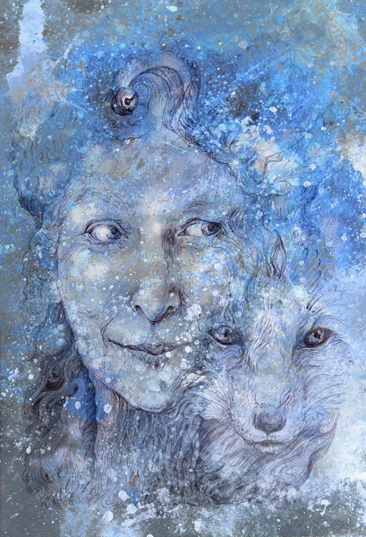 Σοφή γυναίκα shamanic δάσος θεά, μπλε Χειμώνας έκδοση — Φωτογραφία Αρχείου