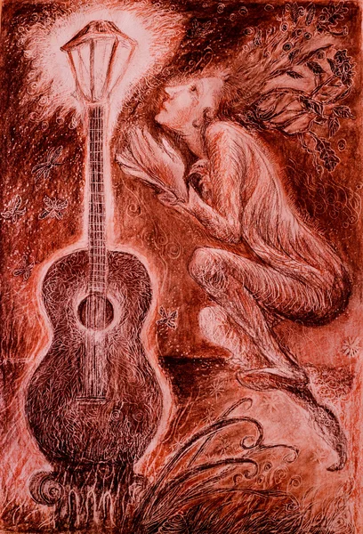 Elven músico adorando una luz de guitarra, dibujo — Foto de Stock