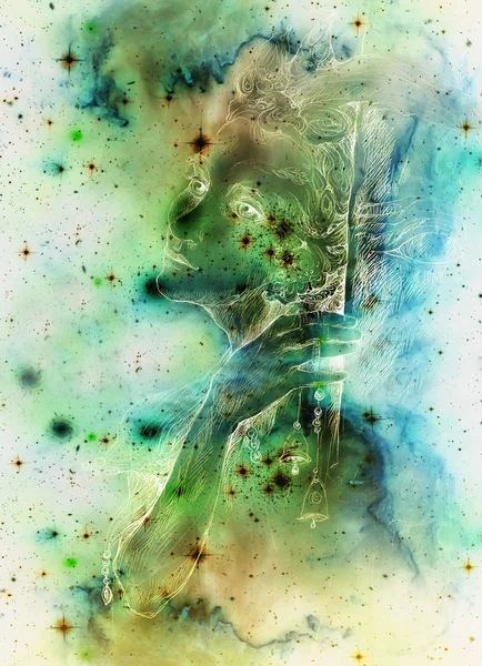 Зелёная эльфийская фея с колокольчиками, монохромный линейный рисунок — стоковое фото