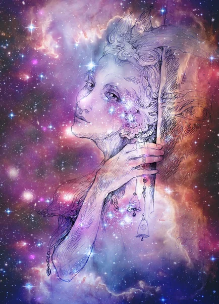 Эльфийская фея с колокольчиками и звездами, разноцветный рисунок — стоковое фото