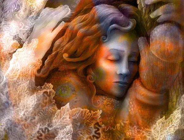 Fairy woman with winter glowes hugging tree, painting detail — Stock Photo, Image