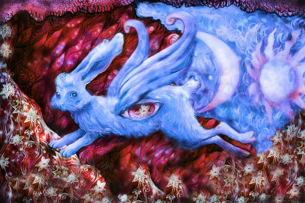 Blue flying dromerige konijn in het sprookjesachtige land, illustratie — Stockfoto