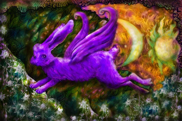 Violeta voando coelho sonhador em terra de conto de fadas, ilustração — Fotografia de Stock