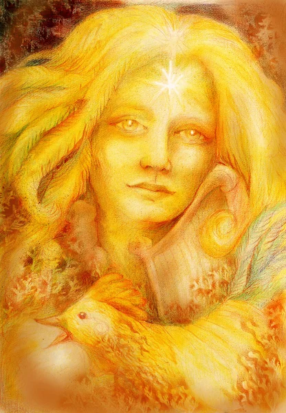 Золота фея дівчина з арфою і півень, малюнок — стокове фото