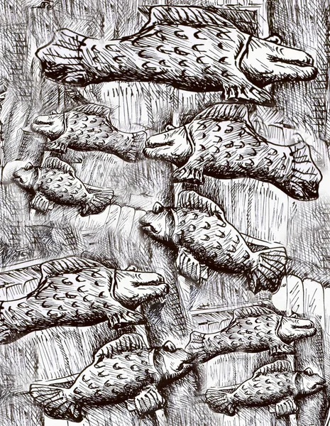 Beaucoup de poissons noirs et blancs, dessin de motif de poisson — Photo