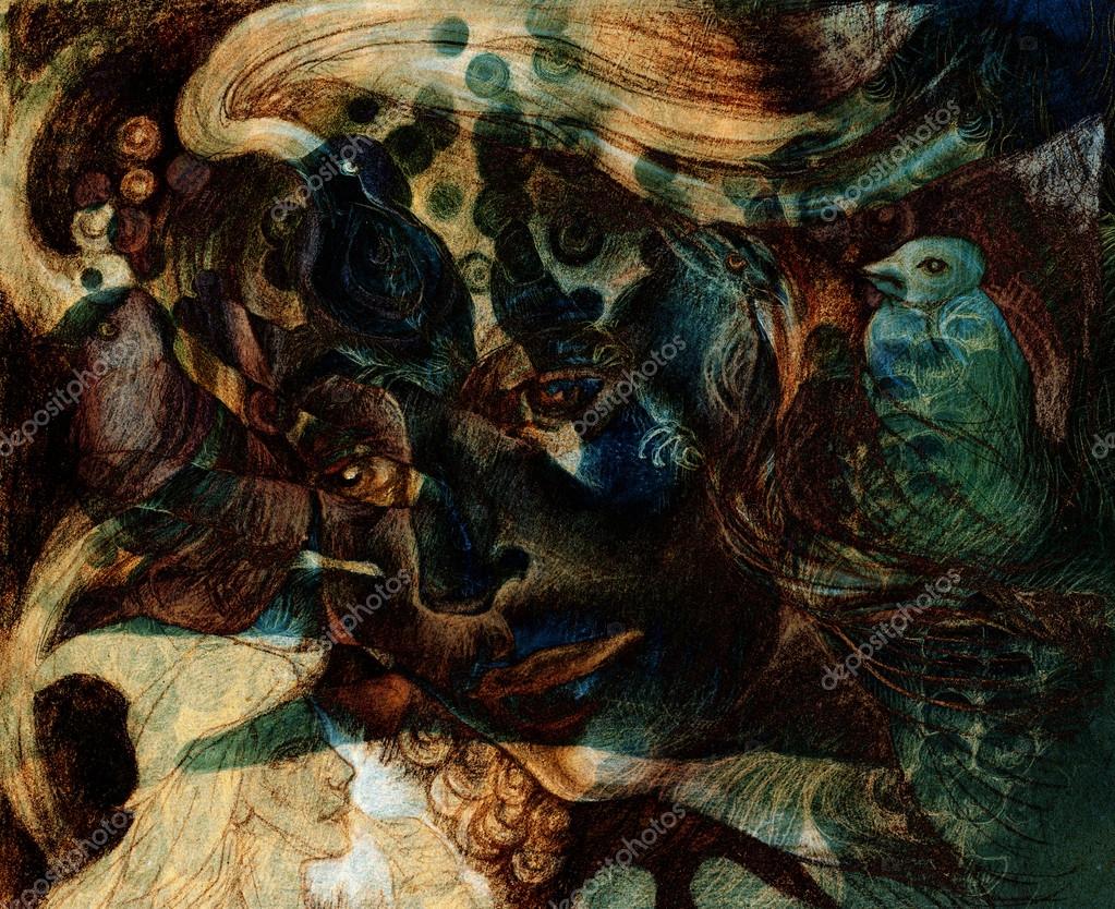 Visage De Femme Fée Dessin Avec Oiseaux Collage De Portrait