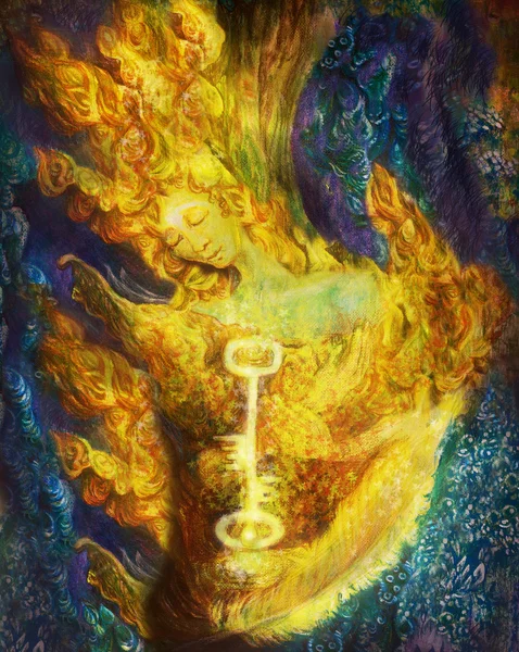 Gyllene elden fairy guardian i skogen, färgglad målning — Stockfoto