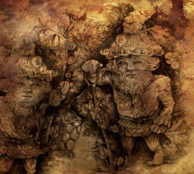 Orman, renkli çizim onun fener taşıyan küçük orman cüce