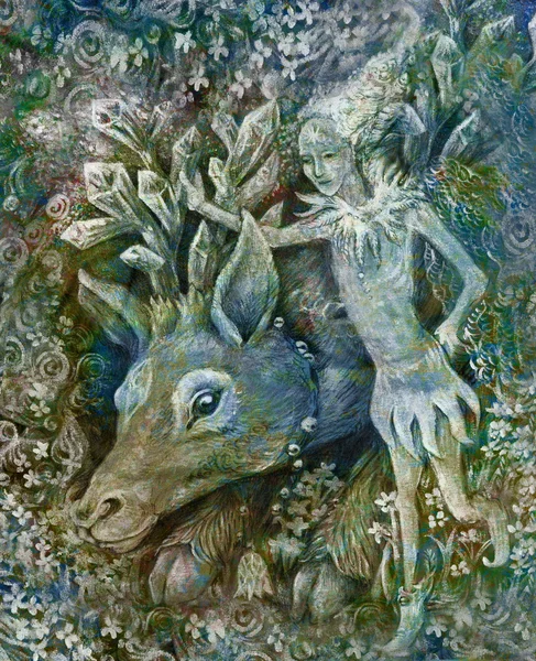 Маленький эльф с хрустальными оленями, красочные иллюстрации — стоковое фото