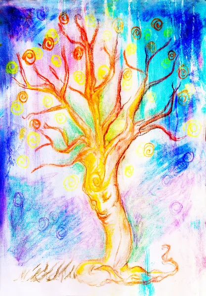 Disegno di un albero spirituale con volto su sfondo astratto — Foto Stock