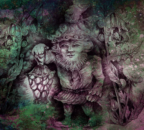คนแคระป่าเล็ก ๆ ที่ถือโคมไฟของเขาในป่าภาพวาดสีสัน รูปภาพสต็อก