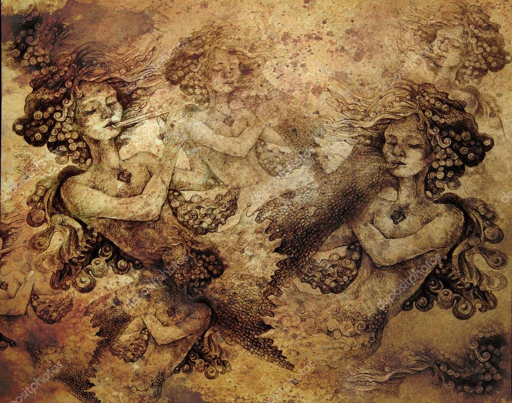 Sirene del mare suonare il flauto astratto colorato — Foto di fluenta