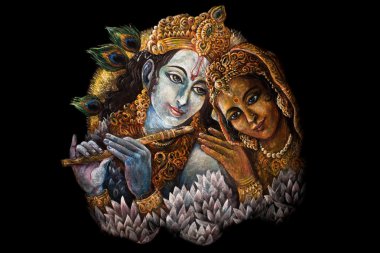 Radha ve flüt, oynarken krishna el boyalı illüstrasyon