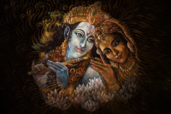 Radha en krishna fluit, spelen hand geschilderde afbeelding — Stockfoto