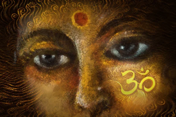 Dettaglio primo piano di occhi di donna indù con simbolo sacro, illustrazione — Foto Stock