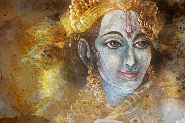 Kepala Krishna dengan bulu merak dan perhiasan, tangan dicat Stok Gambar