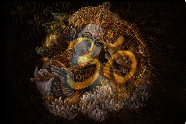 Krishna radha pasangan dengan simbol suci, grafis dari cat asli Stok Lukisan  