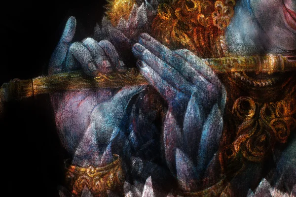 Tangan Tuhan Krishna bermain seruling, detail dengan pola teratai Stok Gambar Bebas Royalti