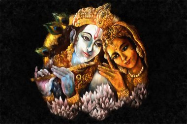 Radha ve flüt, oynarken krishna el boyalı illüstrasyon