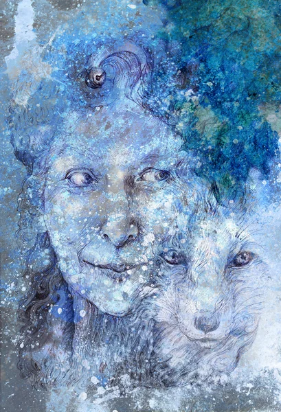 Wise shamanic woman forest goddess with fox — Stock Fotó